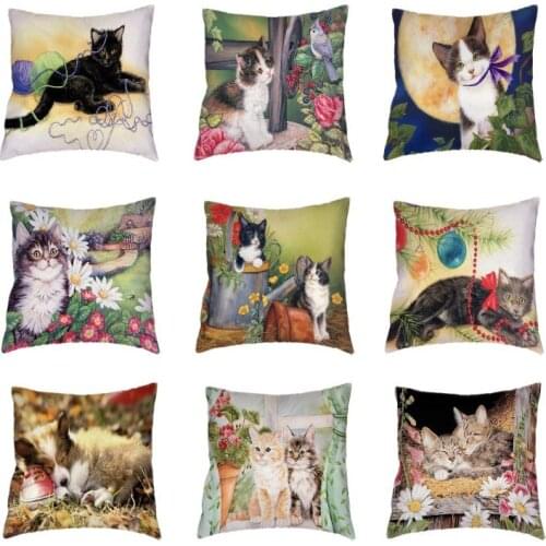 Cuteness Christmas Cats White Cushion Cover Modern Art Lumbar Support Polyester Peach Skin Home Car Decorative Throw Pillow Case