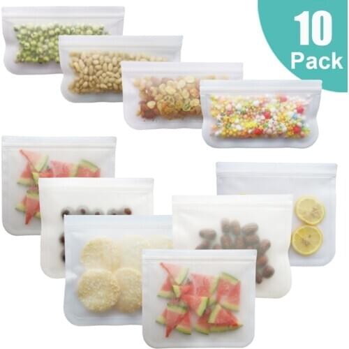 10Pcs PEVA Silicone Food Storage Bag Reusable Freezer Bag Leakproof Top Zip Lock Bags Kitchen Organizer Fresh-keeping Bag