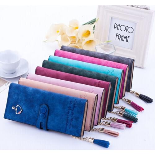 Fashion Women Wallet Lady PU Leather Card Holder Delicate Long Wallet Tassel Button Letter Umbrella Scrub Textured Purse