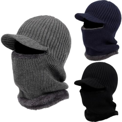 Men Winter Knitted Balaclava Beanie Hat with Windproof Visor Thermal Plush Lining Neck Warmer Cycling Ski Mask Hood Cap