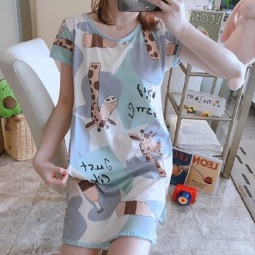 Nightdress Womens Pajamas Womens Summer Short Sleeve Big Size Loose Nightdress Cute Cartoon Sleepwear Women Cotton