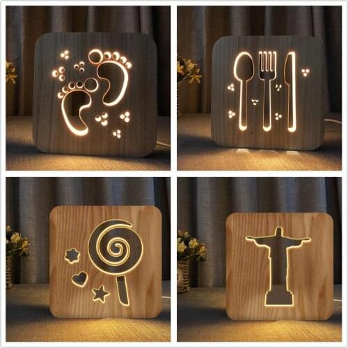 Warm Light Night Lights Footprints Knife Fork Sun Jesuss Lollipop USB LED 3D Wooden Lamp Kids Gift Bedroom Bedside Decoration