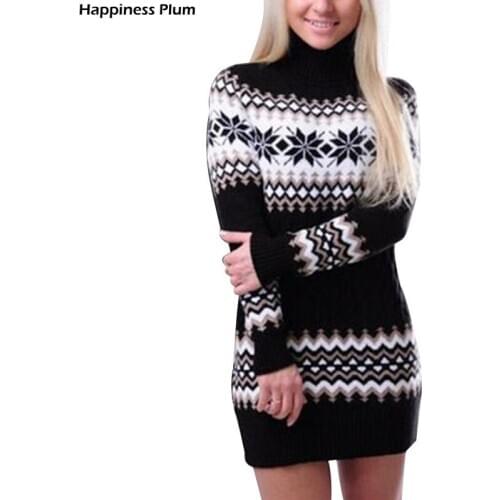 2020 New Womens Winter Warm Turtleneck Sweaters Dress Knitted Female Long Christmas Pullovers Patchwork Knitwear Mini Bodycon