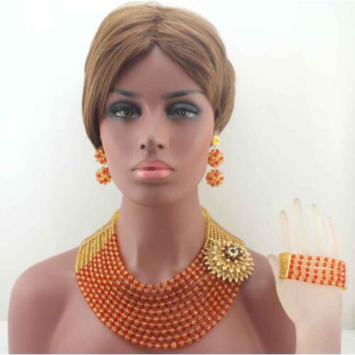 New Champagne African nigerian Wedding bridal beads Jewelry Set African style Crystal beaded necklace women Jewelry Set W13657