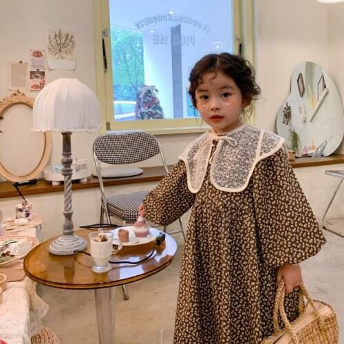 Autumn New Arrival korean style girls dress flowers pattern long sleeve princess with lace scarf for cute sweet baby girls
