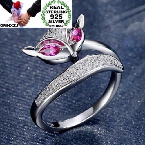 OMHXZJ Wholesale European Fashion Woman Girl Party Wedding Gift Silver Fox White Red AAA Zircon 925 Sterling Silver Ring RR224