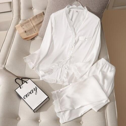 JULYS SONG New Stain Lace Woman Pajamas Set Pieces Spring Autumn Sleepwear Elegant Solid Color V-neck Ice Silk Homewear