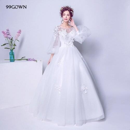 99GOWN Elegant Long A-Line Wedding Ball Gown Women 2019 Long Lantern Sleeve Handmade Flower Wedding Bridal Dress