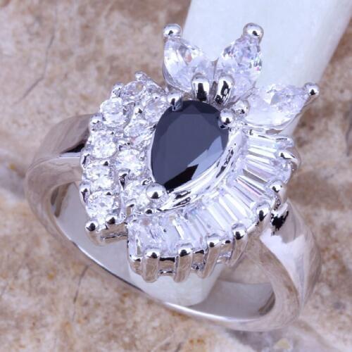 Romantic Black Cubic Zirconia White CZ Silver Plated Womens Jewelry Ring Size 6 / 7 / 8 / 9 R0550