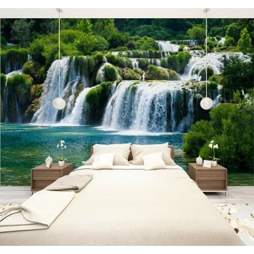 Custom Size 3D Photo Mural Green Forest Waterfall Removable Wall Papers Self-adhesive Vinyl Wall Sticker Art Home Decor Mural