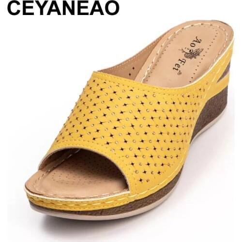 CEYANEAO Summer Ladies Footwear Sandals With Rhinestones Womens Orthopedic Wedge Sandal Slipper Female Medical Nurse Clogs Pump