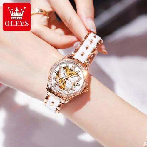 OLEVS Ladies Watch Top Brand Luxury 2021 Fashion Diamond Ladies Watch Butterfly Dial Ceramic Strap Ladies Mechanical Watch