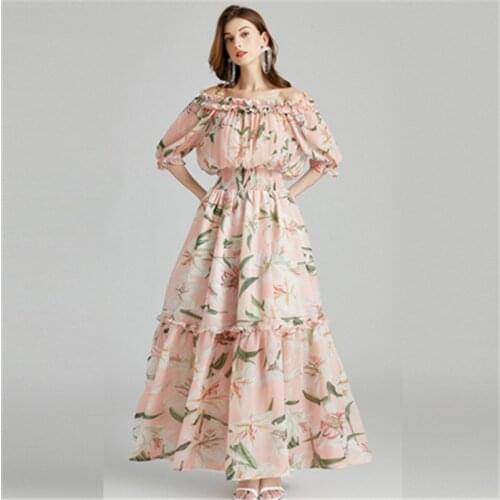High Quality Runway Summer Dress Elegant Women Sexy Slash Neck Off Shoulder Tulip Floral Print Boho Holiday Lady Long Maxi Dress