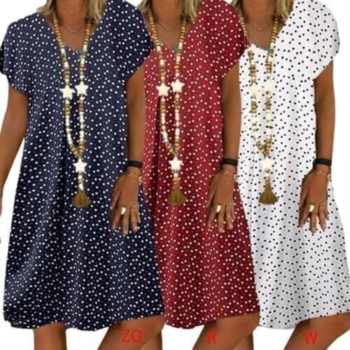 Women Summer Short Sleeve V-Neck Loose Midi Dress Heart Printed Sundress S-5XL F3MD