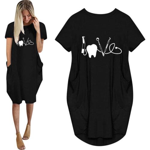 New Summer Love Dentist Dental Print Women Casual Loose Dress With Pocket Ladies Fashion O Neck Long Tops Female T Shirt Dress