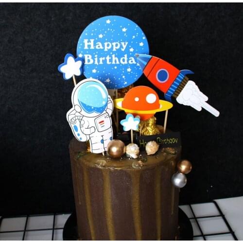 Universe Stars Rocket Astronaut Moon Happy Birthday Letter Decoration Cake Topper Dessert for Childrens Day Lovely Gifts