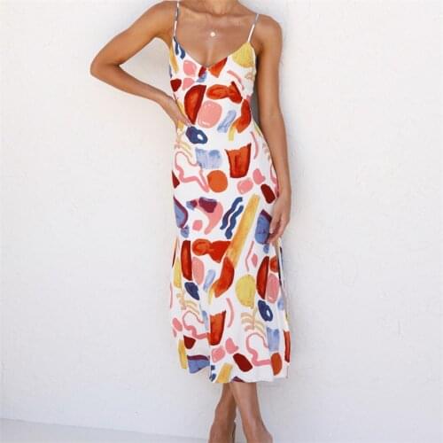 ZXQJ Women 2021 Fashion Graffiti Print Bow Detail Holiday Style Suspender Dress Vintage V Neck Split Female Dresses Vestidos