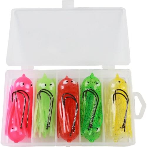 10pcs/Box Octopus FishingSoft Baits Skirt Squid Tuna 9cm 8g Luminous Artificial Lures with 10pcs Silver 6/0# Single Barb Hooks
