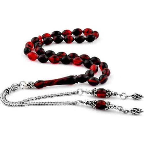 925 Sterling Silver Handmade Rosary with Red Fire In The Dark Amber Stone Natural Stone Beads Middle East Prayer Islamic Muslim Tasbih