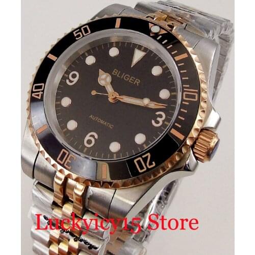BLIGER Two Tone Rose Gold Automatic Men Watch NH35A Movement Jubilee Bracelet Screwdown Crown Ceramic Insert