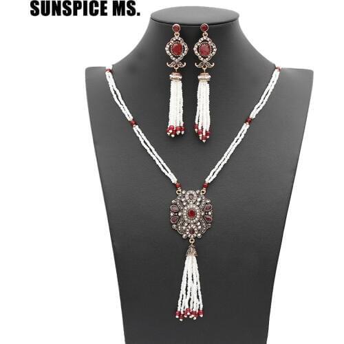 Elegant Turkish Women Bead Jewelry Sets Long Bead Tassels Earrings Resin Sweater Chain Antique Gold Color Ethnic Bridal Bijoux