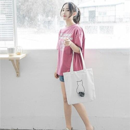 Women Canvas Shoulder Bag Cartoon Animal with Pompon Tail Female Cotton Shopping Bag Shool Books Bags Canvas Totes for Ladies