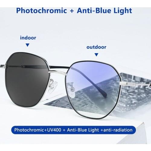 Round Blue Light Glasses UV400 Compute Glasses Fashion Eyeglasses Women Men Spectacle Frames Photochromism Gray Lens