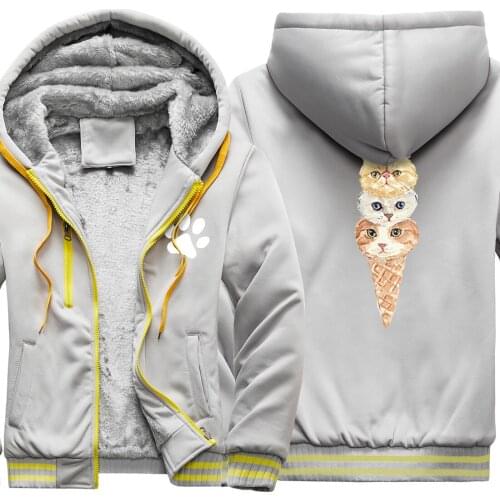 Ice Cream Cat Printing Keep Warm Thicken Jackets Mens Pocket Male Clothing Leisure Fashion Tracksuits Zipper Streetwear Homme