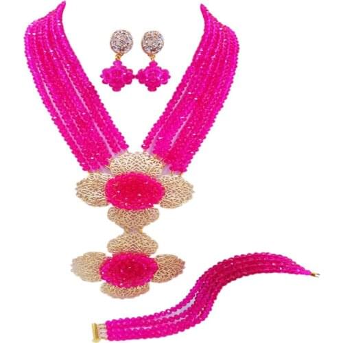 Fashion fuchsia pink costume necklace african set crystal bead nigerian wedding jewelry set