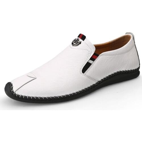 Breathable Genuine Leather Mens Flat Loafers Moccasins Male Walking Driving Shoes Outdoor Office Business Dress Shoes Big Size