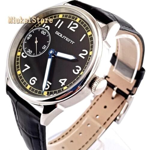 Goutent 42mm black dial silver steel case leather strap luminous 6497 Hand-winding mechanical movement mens top watch