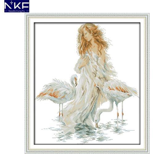 NKF The girl with the crane handcraft needlepoint kits counted stamped canvas Christmas cross stitch sets for home decoration