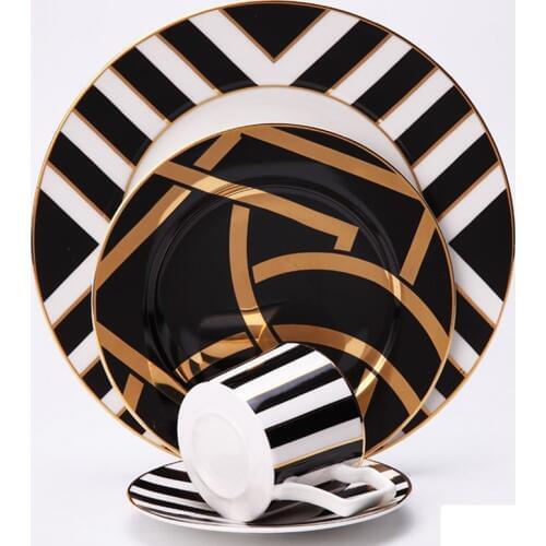 4 pcs set modern black design ceramic bone china dinner sets for dinnerware and gift : coffee cup saucer with dinner plate