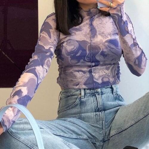 Spring Wild Sheer Mesh Crop Tops Long Sleeve Round Neck Tie-Dye Printing Slim Fit Casual Wild Trendy Stylish Daily T-Shirt