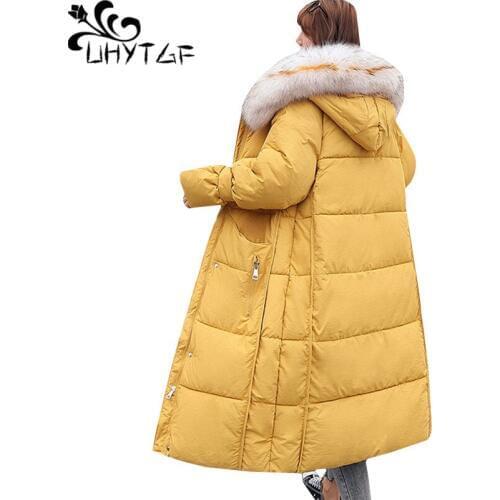 UHYTGF down jacket winter parkas mujer Fur collar hooded windproof long coat women Casual plus size coats chamarras de mujer 395