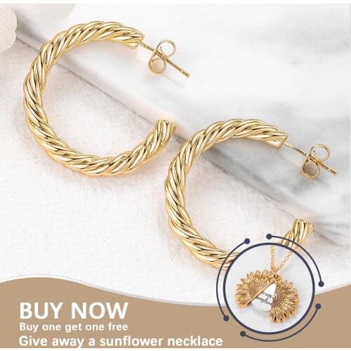 18K Gold Bold Textured Hoop Earrings Scallop Gold Creoles Earrings - Stainless Steel Non Fading Layered Huggy Hoops Wide Thread