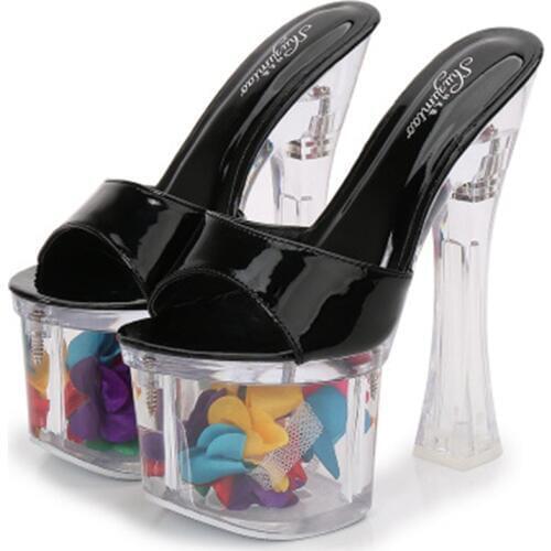 18m high heel crystal square heel slippers, female summer waterproof platform non-slip thick bottom sexy ultra high heel s