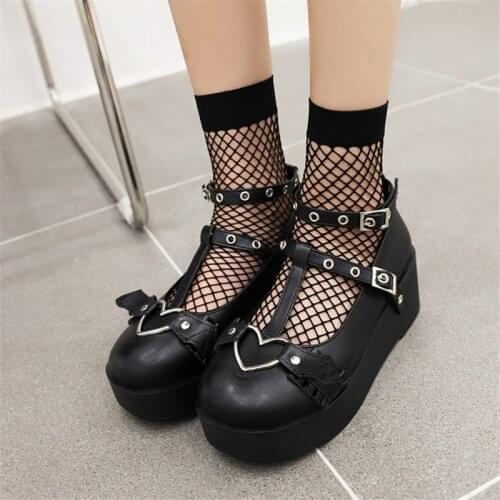 PXELENA Heart Shaped Harajuku Japanese Lolita Cosplay Platform Shoes Creepers T Strap Wedge High Heels Women Gothic Punk JK Pump