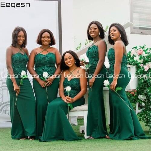 Green Lace Appliques Bridesmaid Dress Mermaid African Women Spaghetti Straps Wedding Party Dresses Vestido De Mujer