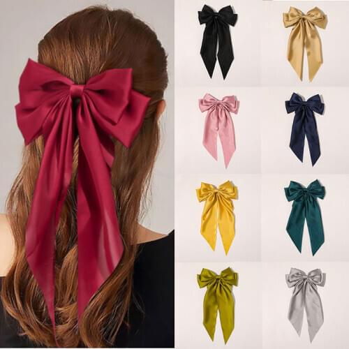 Girls Oversize Bows Barrettes Two-Layers Bowknot Hairpin Women Solid Color Hair Pin Long Ribbon Hair Tie Female Hair Accessories