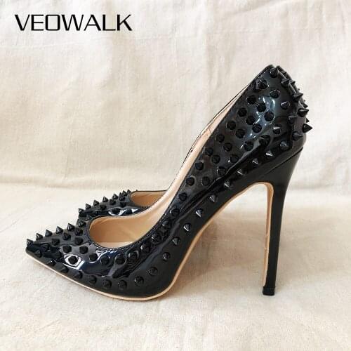 Veowalk All Black Women Glossy Pointy Toe High Heels with Spikes Sexy Stilettos Pyumps Ladies Slip On Rivets Party Shoes