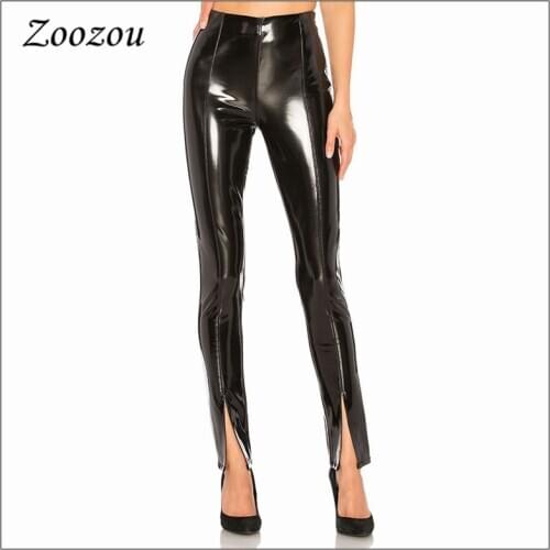 Women Sexy Bodycon Latex Leather Pants Split Ankle Pants Slim Warm Black Pencil Trouser Skinny Pu Patent Leather Leggings Custom