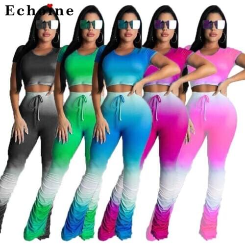Womens Pleated Gradient Lace Up Two-Piece Set Long Pants Sexy Slim Crop Tops Casual Matching Set Stacked Bell Bottom Tracksuits