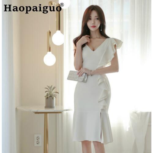 2019 Summer Midi Women Dress Sleeveless Ruffles White Dress Women Trumpet Bodycon Bandage Dresses Woman Party Night Ukraine