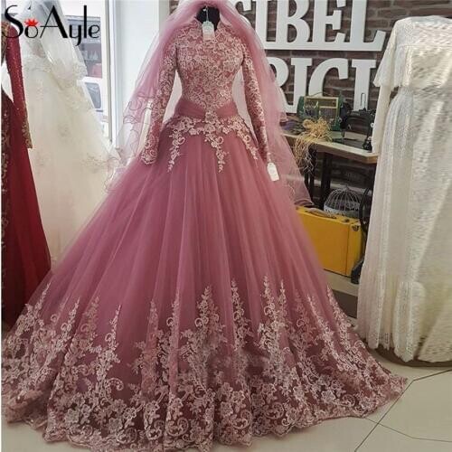 SoAyle High Neck Long Sleeve Muslim Evening Dresses Ball Gown Long Lace Prom Dresses 2018 Saudi Arabia Women Formal Party Gown