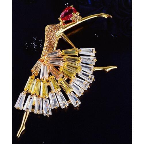 Zlxgirl Luxury Brand Yellow AAA cubic zircon Dance girls Shape wedding bridal brooch accessory Metal copper brooches jewelry
