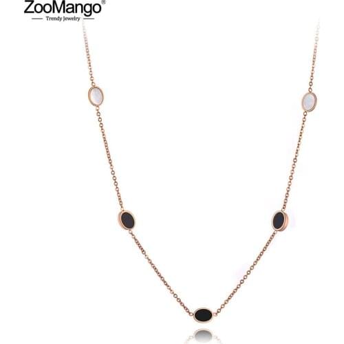 ZooMango Fashion Stainless Steel Oval Black Acrylic & White Shell Chain Pendant Necklaces For Women Girl Choker Necklace ZN19171