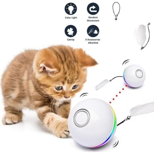Automatic Smart Cat Toys Ball Interactive Catnip USB Rechargeable Self Rotating Colorful Led Feather Bells Toys for Cats Kitten