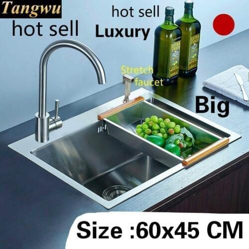 Free shipping Apartment luxurious kitchen manual sink single trough 304 stainless steel do the dishes hot sell big 60x45 CM