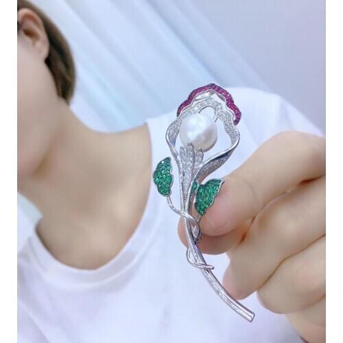 Natural fresh water pearl brooch 925 sterling silver with cubic zircon flower fine women jewelry free shipping